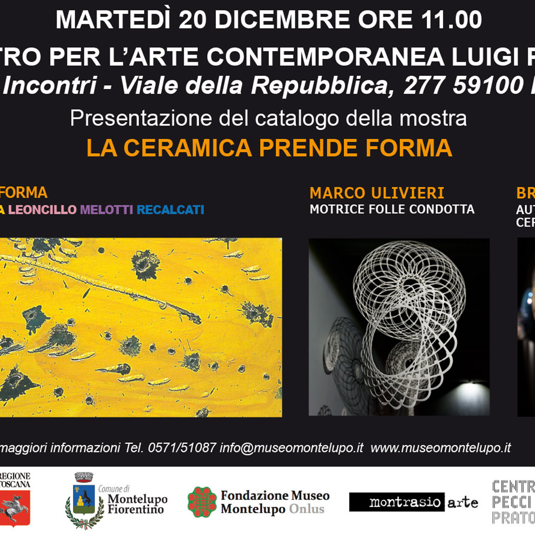 invito presentazione del catalogo della mostra la ceramica prende forma e le doppie personali di Bruno Ceccobelli e Marco Ulivieri