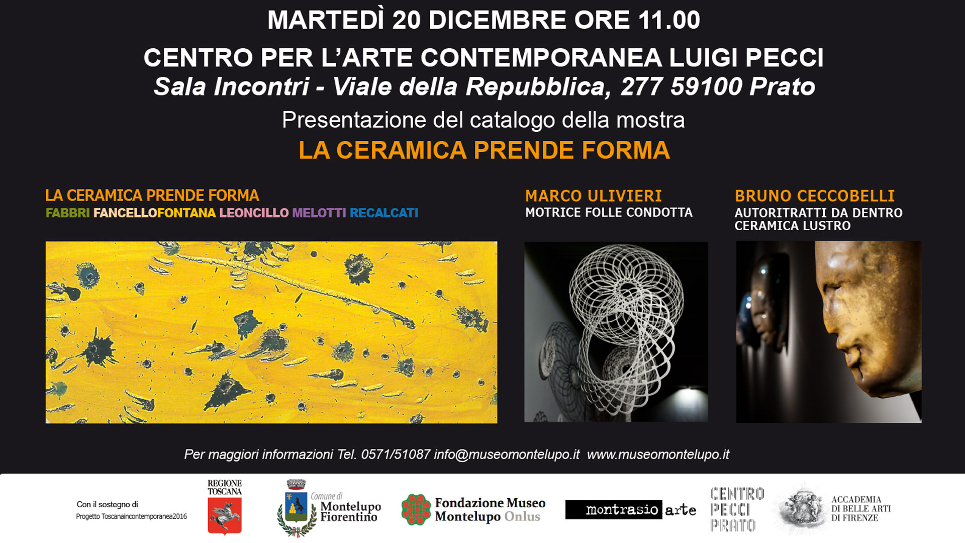 invito presentazione del catalogo della mostra la ceramica prende forma e le doppie personali di Bruno Ceccobelli e Marco Ulivieri