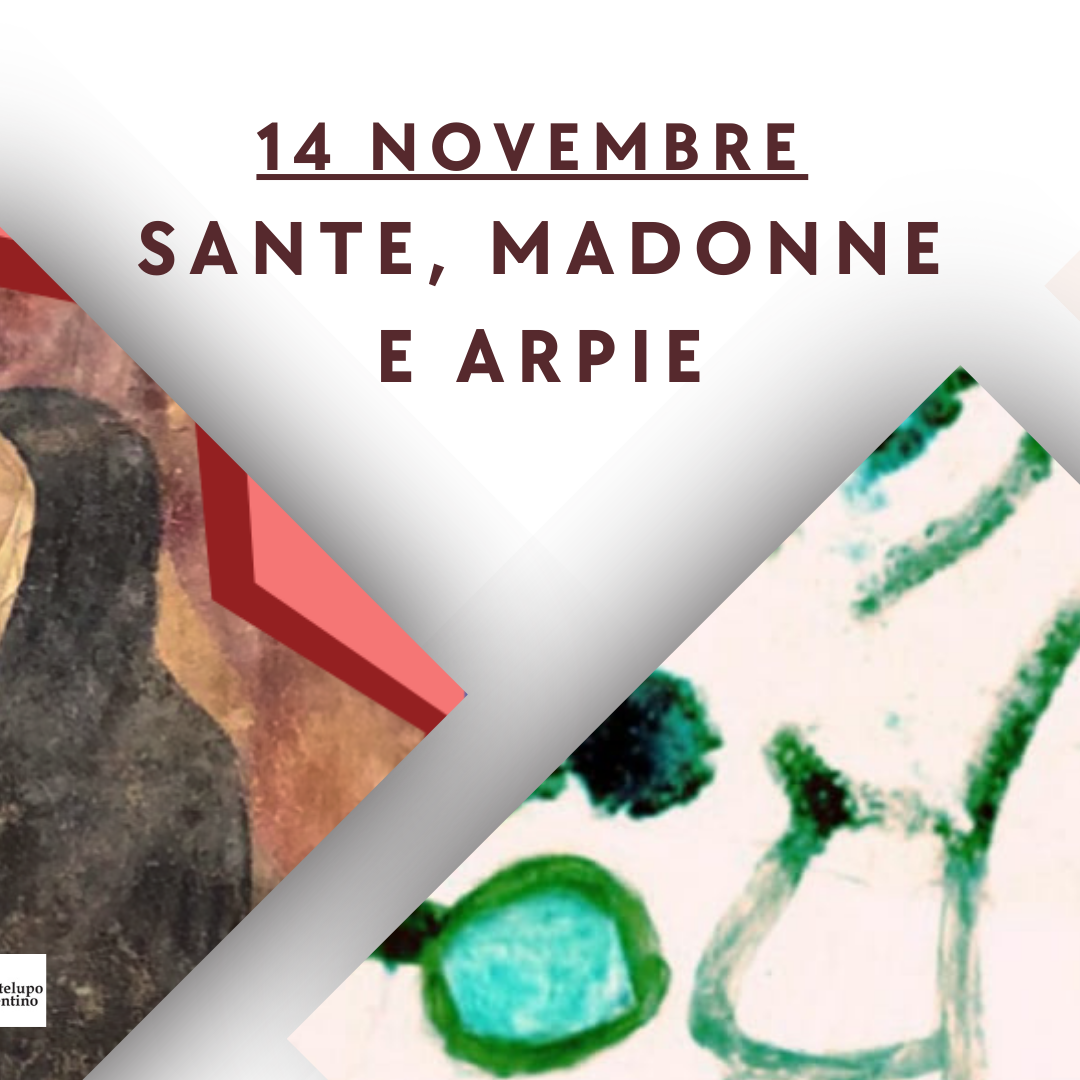 immagine presenta dei rombi in cui in uno è presente una madonna gotina in atto di preghiera, nell'altro un dettaglio di una ceramica montelupina verde e bianco. è presente, poi, una scritta col titolo della mostra 