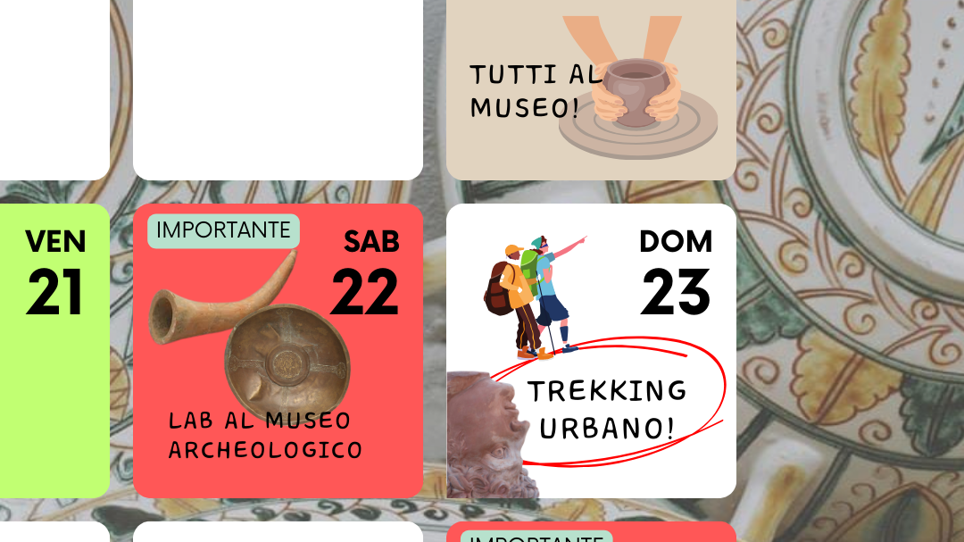una grafica che rappresenta un calendario e nei vari giorni sono segnate delle attività diverse del museo della ceramica e del museo archeologico