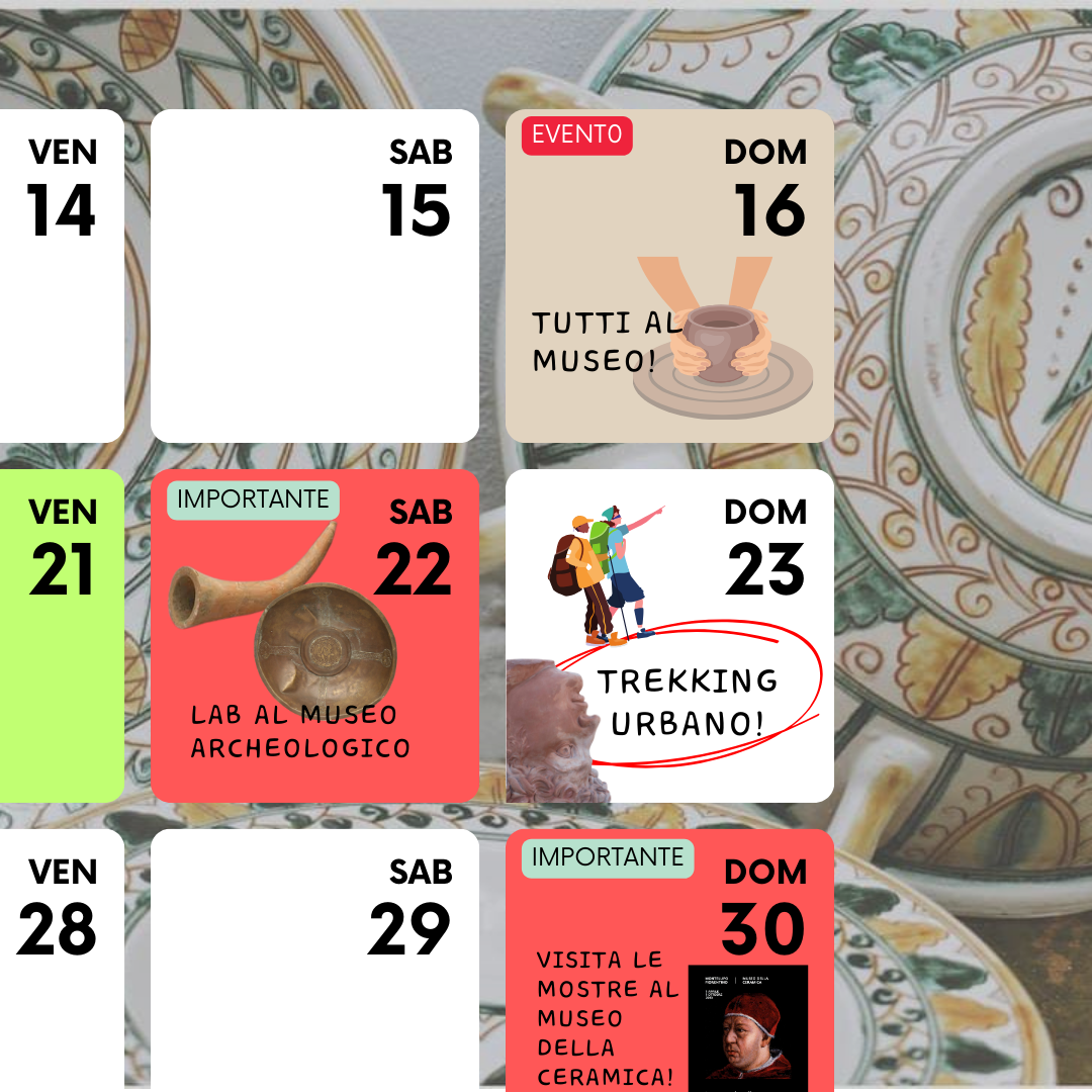 una grafica che rappresenta un calendario e nei vari giorni sono segnate delle attività diverse del museo della ceramica e del museo archeologico