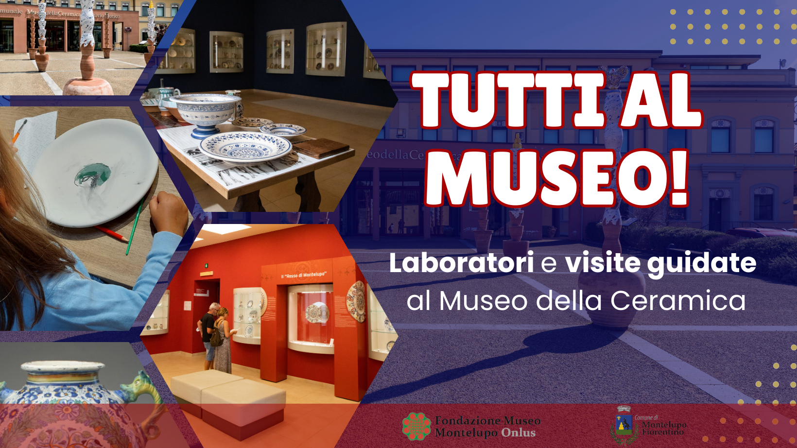 copertina che mostra la scritta TUTTI AL MUSEO! e immagini di bambini che fanno un laboratorio di ceramica, il museo e le sue sale interne