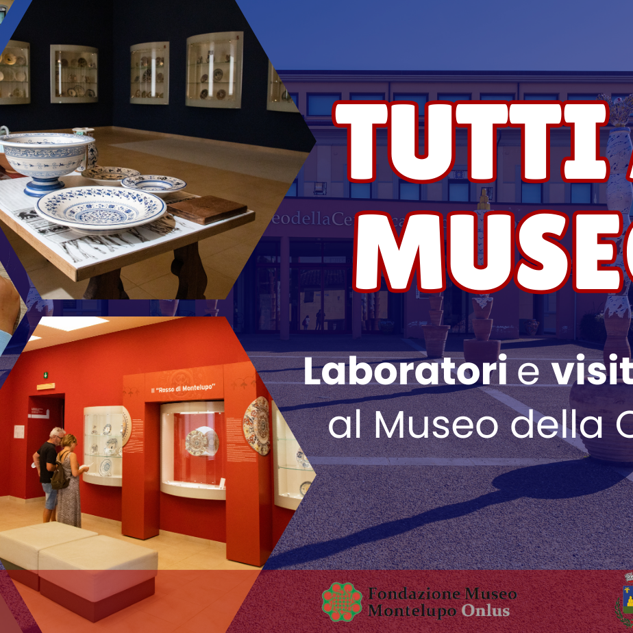 copertina che mostra la scritta TUTTI AL MUSEO! e immagini di bambini che fanno un laboratorio di ceramica, il museo e le sue sale interne