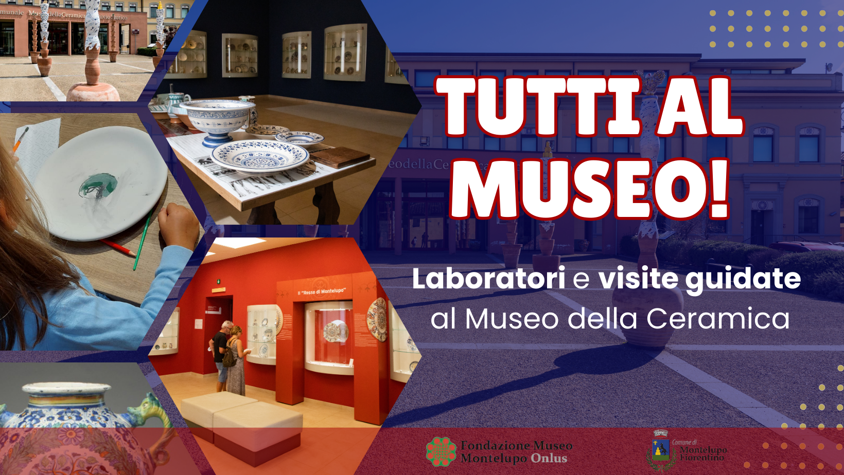 copertina che mostra la scritta TUTTI AL MUSEO! e immagini di bambini che fanno un laboratorio di ceramica, il museo e le sue sale interne